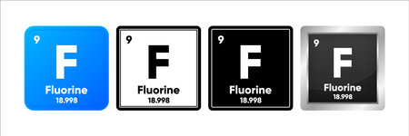 Fluorine chemical element with 9 atomic number, atomic mass and electronegativity values. Periodic table concept. in four design. Simple black, realistic and color . Vector illustration.のイラスト素材