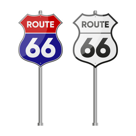 U.S. route 66 sign. Shield sign with route number. The most popular route in america. Vector illustration.のイラスト素材
