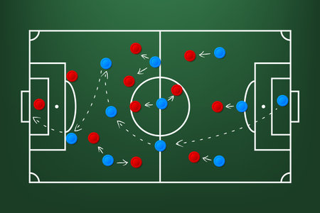 Soccer field. Soccer strategy field, football game tactic drawing on chalkboard. Hand drawn soccer game scheme. Vector illustration.のイラスト素材