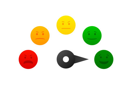 Emotional icons indicating quality, level, rating. Business indicators concept. Grades of different levels, such as bad, normal, good, excellent. Vector illustration.のイラスト素材