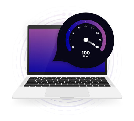 Internet download and upload speed test gauge. Internet speed test software and network performance information. Internet connection speed test. Modern design for software. Vector illustration.のイラスト素材
