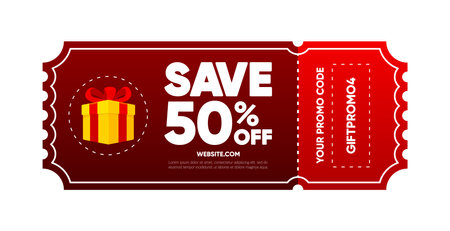Modern cartoon template with promo code. Gift voucher on save 50 percent. Enter the promo code to use the discount. Modern design. Vector illustration.のイラスト素材