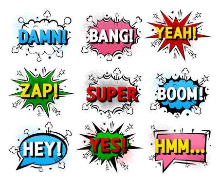 Comic Boom Bubbles. Cartoon explosions funny comical speech clouds, comics, thinking bubbles. Comic book emotional bubbles concept. Conversation graphic text elements. Vector Illustration.のイラスト素材