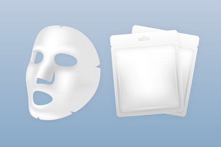 White cloth Face Mask, cosmetic treatments, rejuvenation. Skin care, cosmetic product for facial care. Realistic vector illustration.のイラスト素材