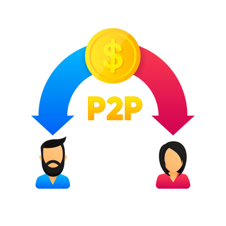 Peer to peer trading. P2P lending. Cryptocurrency. Virtual transaction between two users. Modern style. Vector illustration.のイラスト素材