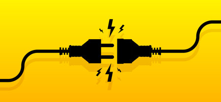 Electric Socket with a Plug. Wire plug and socket. Connection or disconnection electricity. Concept 404 error. Cable of energy disconnect. Vector illustration.のイラスト素材