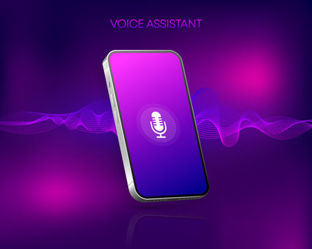 Voice AI Assistant Recognition. Personal Assistant concept. Modern technology. Microphone icon on screen device and wave audio spectrum line.のイラスト素材
