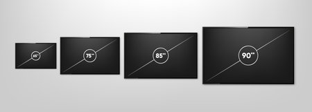 TV Screen Sizes. Smart TV icon collection. Diagonal screen size in 65, 75, 85 and 90 inches. Computer monitor. Vector illustration.のイラスト素材
