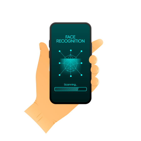 Face Recognition. Futuristic computer technology. Smart identification system. Face ID. Biometric identification. Facial scan 3d mesh. Vector illustration.のイラスト素材