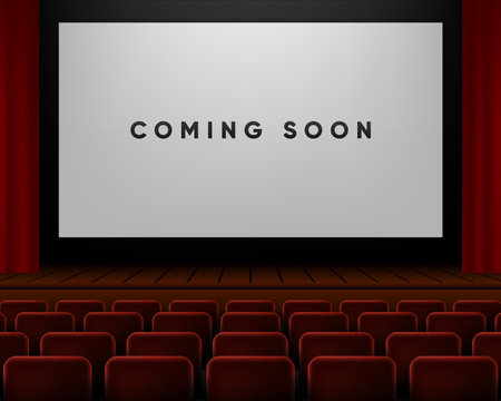 Cinema or theater hall with the inscription coming soon on the screen. Session announcement or advertising display. Vector illustration.のイラスト素材