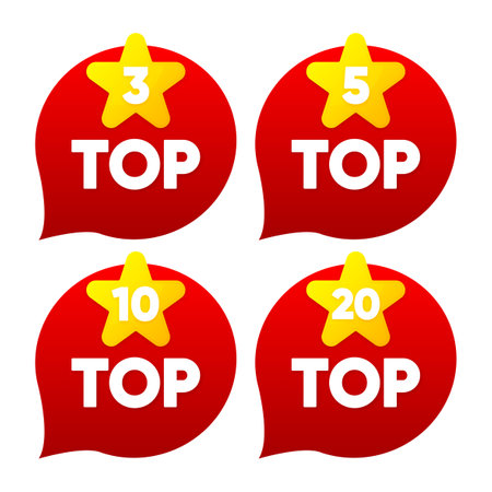 Top 3, 5, 10 and 20 Rating Chart. Best in the ranking. Winner in the category. Collection of badges. Vector illustration.のイラスト素材