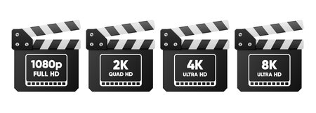 4K UHD, Quad HD, Full HD and HD resolution nameplates on white background. TV symbols and icons. Vector illustration.のイラスト素材
