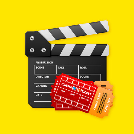 Film clapper board and cinema tickets. Movie clapper for cinema. Flat design style. Vector illustration.のイラスト素材