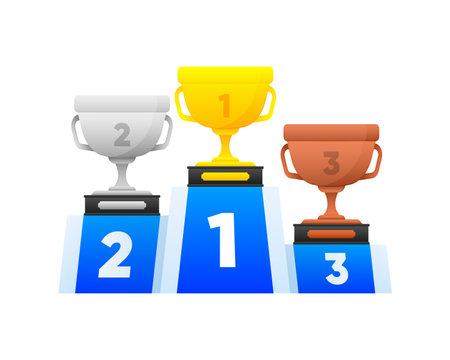 Winner award for 1st, 2nd, 3rd place. Prizes for winner. Gold, silver and bronze cups on podium. Vector illustration.のイラスト素材
