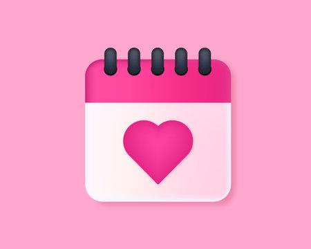 Calendar Date with Heart 3D. Daily wedding event schedule planner, valentines day. Menstrual calendar for control women cycle. Vector illustration.のイラスト素材