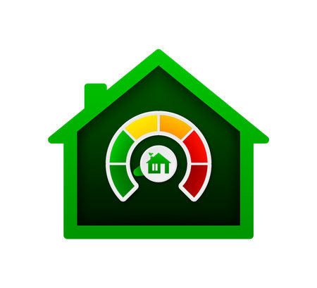 Energy Efficiency house. Concept of Energy Efficiency of housing. Chart concept. Speed risk. Smart eco house improvement. Concept graphic certification system element. Vector illustration.のイラスト素材