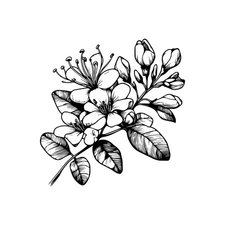 Hand drawn black and white twig with flowers and leaves. Vector illustration.のイラスト素材