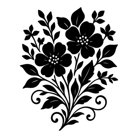 Black and white floral ornament with flowers and leaves. Vector illustration. ivy flower free printable silhouette design line art vector isolated on white backgroundsのイラスト素材