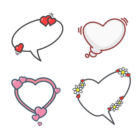 Valentine\'s day cartoon elements set, speech bubbles, flowers and hearts. Vector illustration, easy editable.のイラスト素材