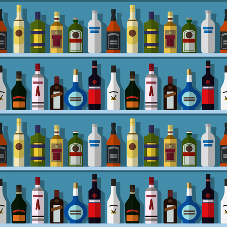 Seamless background with bar rack with premium alcohol bottles. Vector illustration, easy editable.のイラスト素材