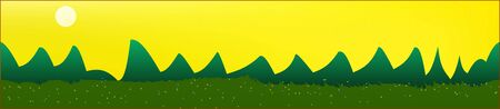 Yellow sky, and mountains landscape. Panoramic horizontal design. Trendy panoramic design. New glass print fantasy. Horizon, smoot. Old game style.のイラスト素材