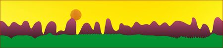 Yellow sky, and mountains landscape. Wonderful landscape texture background. Colorful horizontal pattern texture. Pristine glass print fantasy. Horizon, graphic. Old game style.のイラスト素材