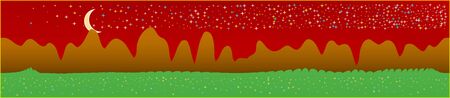 Red sky, and mountains landscape. Plain horizontal background illustration. Trendy fairy tale plain design. Breezy glass print fantasy. Horizon, modern. Old game style.のイラスト素材