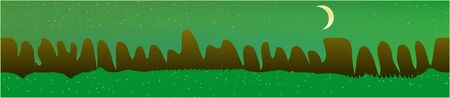 Green sky, and mountains landscape. Fairy tale panoramic landscape. Landscape fable. Pure glass print fantasy. Horizon, smoot. Old game style.のイラスト素材