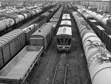 Cargo on a railway station. Black and white photoの写真素材