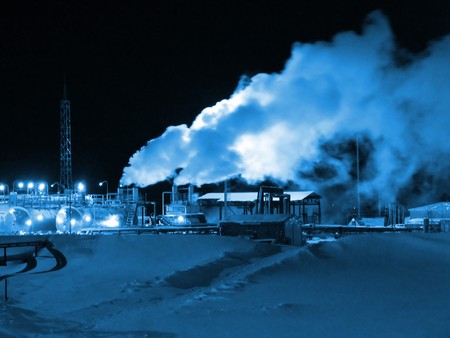 Night scene on  a oil refinery station. Winter frostの写真素材