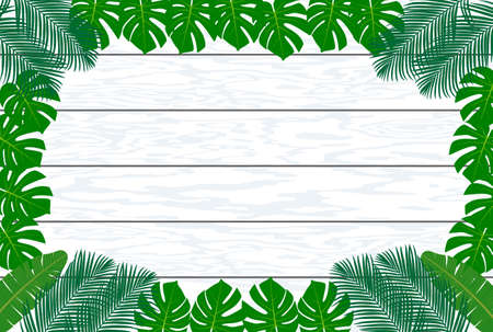 Tropical plants frame Wooden board backgroundのイラスト素材