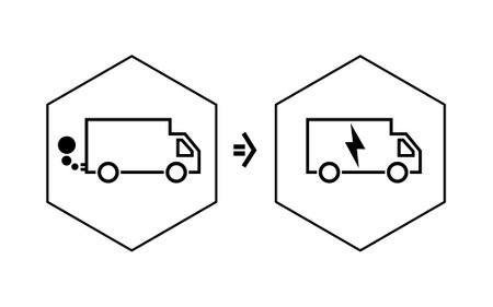 Icon for the change from internal combustion engines to e-mobility in trucks for goods transport on a transparent background.のイラスト素材