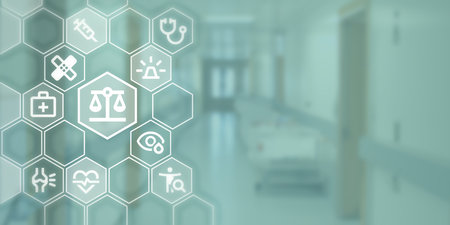 Graphic as icon image for medicine and law with space for text. Icons for patient rights and medical care in honeycomb against background image.の写真素材
