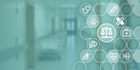 Graphic symbolizing medicine and law with space for text. Patient rights and medical care icons in circles on background image.の写真素材