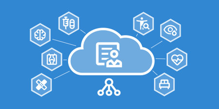 Graphic as a symbolic image for the electronic patient record in vector format. Data, cloud, doctor, diagnosis and medical care icons in honeycomb.のイラスト素材