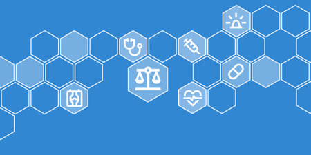 Graphic symbolizing medicine and law with space for text. Patient rights and medical care icons in honeycomb in vector format.のイラスト素材