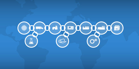 Vector graphic as supply chain icon image with icons in chain symbols and world map in background. Usable as header.のイラスト素材