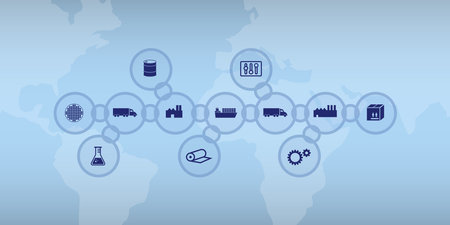 Bright vector graphic symbol image for supply chain in round shape with icons in chain symbols and world map in background with space for text.のイラスト素材
