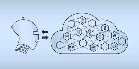 Artificial intelligence as a silhouette of the head and a cloud with icons as a vector graphic. Symbols for translation, text, programming, search...のイラスト素材