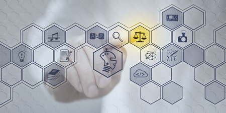 Symbolic photo for law when using artificial intelligence - ki. Human as a photo in the background selects a symbol with fingers pointing.の写真素材