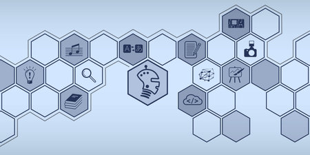 Graphics for the use of AI - Artificial Intelligence. Icons in vector format in a network of honeycombs in blue.のイラスト素材