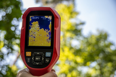 Thermal imaging camera used in a forest setting to measure temperature of foliage. Innovative technology for ecological research and environmental forest monitoring.