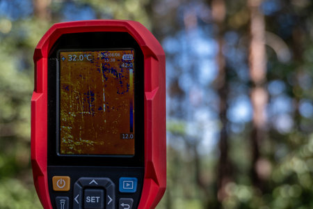 Thermal imaging camera held in a forest, displaying heat distribution patterns on a screen. Used for environmental research, wildlife monitoring and forestry analysis.