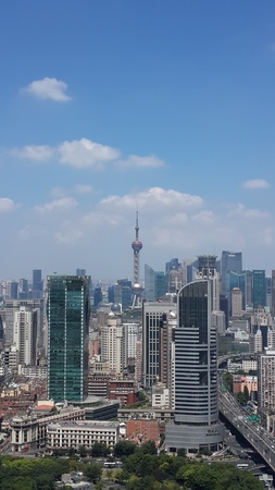 Shanghai cityscape under a clear blue skyのeditorial素材