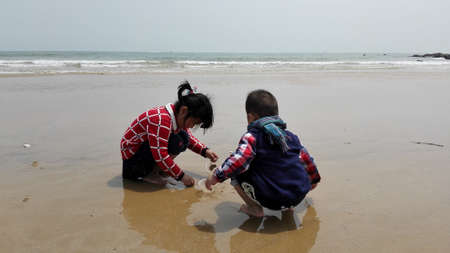 children playing at the beachのeditorial素材