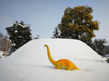 dinosaur toy placed on the snowの写真素材