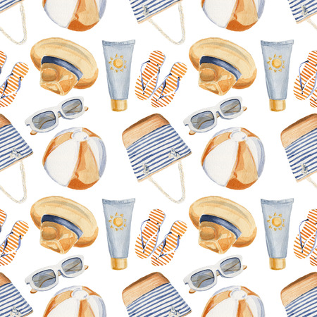 Hand drawn watercolor illustration seamless pattern beach vacation holiday sea seaside hat sun cream...