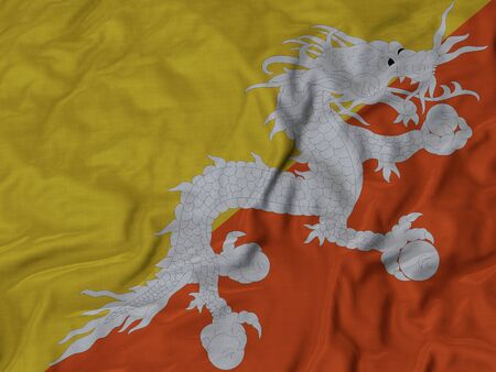 Closeup of ruffled Bhutan flag, Ruffled flag background.の写真素材