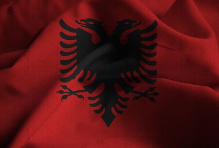 Closeup of Ruffled Albania Flag, Albania Flag Blowing in Windの写真素材