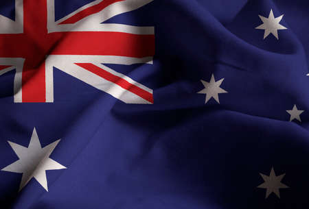 Closeup of Ruffled Australia Flag, Australia Flag Blowing in Windの写真素材